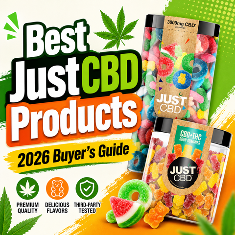 Best JustCBD Products to Try in 2026 — My Cannabis Reviews cover graphic showing the brand’s product lineup