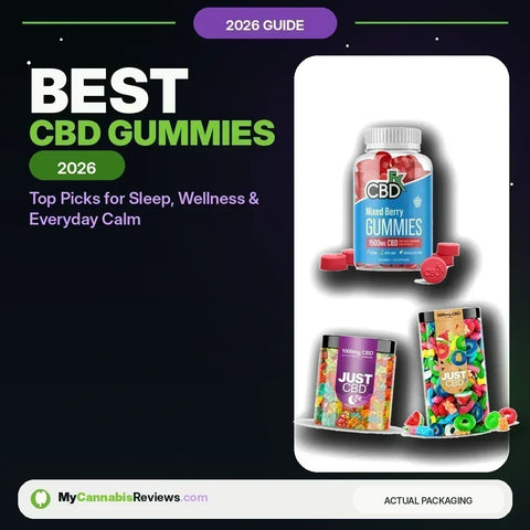 Best CBD Gummies (2026): Top Picks for Sleep, Wellness & Everyday Calm — My Cannabis Reviews cover graphic showing THC and CBD gummy jars