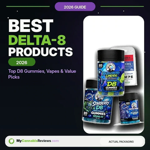 Best Delta-8 Products (2026): Top D8 Gummies, Vapes & Value Picks — My Cannabis Reviews cover graphic showing vape cartridges and disposable devices