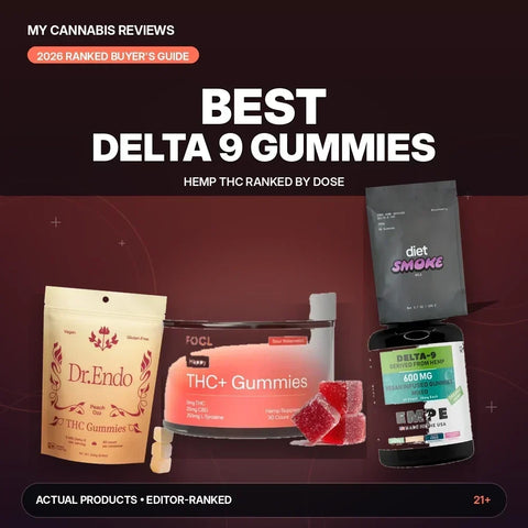 Best Delta 9 Gummies (2026): Hemp THC Ranked by Dose — My Cannabis Reviews cover graphic showing THC and CBD gummy jars