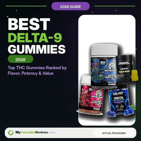 Best Delta-9 Gummies (2026): Top THC Gummies Ranked by Flavor, Potency & Value — My Cannabis Reviews cover graphic showing THC and CBD gummy jars