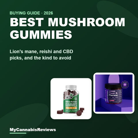 Best mushroom gummies 2026 cover showing CBDfx CBD Gummies With Mushrooms and Slumber Rest & Renew mushroom sleep gummies