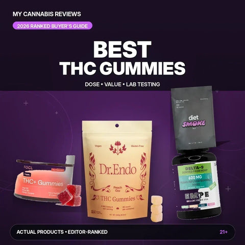 Best THC Gummies (2026): Ranked by Dose, Value & Lab Testing — My Cannabis Reviews cover graphic showing THC and CBD gummy jars
