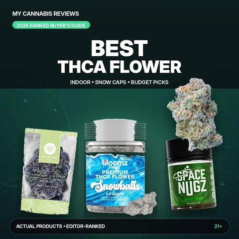 Best THCA Flower (2026): Indoor, Snow Caps & Budget Picks — My Cannabis Reviews cover graphic showing hemp flower jars and pre-rolls