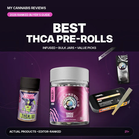 Best THCA Pre-Rolls (2026): Infused, Bulk Jars & Value Picks — My Cannabis Reviews cover graphic showing hemp flower jars and pre-rolls