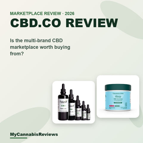 CBD.co review cover with a NuLeaf Naturals CBD oil and a Charlotte’s Web sleep product sold on CBD.co