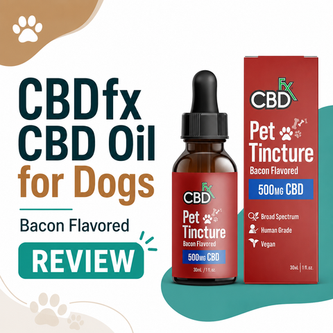CBDfx CBD Oil for Dogs Bacon Flavored 500mg Pet Tincture review banner by My Cannabis Reviews