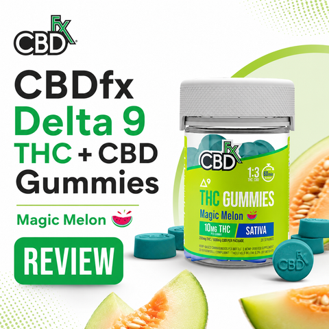 CBDfx Delta 9 THC + CBD Gummies Magic Melon Sativa review banner by My Cannabis Reviews