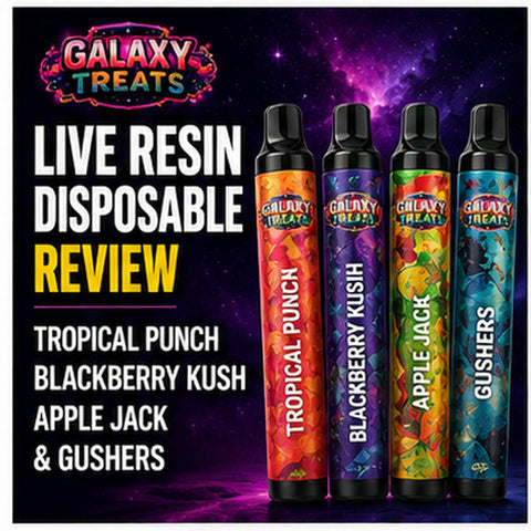 Galaxy Treats Live Resin disposable vapes in Tropical Punch, Blackberry Kush, Apple Jack and Gushers flavors
