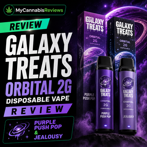 Galaxy Treats Orbital 2G disposable vapes in Purple Push Pop and Jealousy flavors
