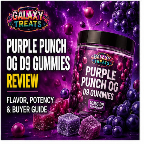 Galaxy Treats PurpleGalaxy Treats Purple Punch OG D9 gummies jar with grape flavored gummy candies Punch OG D9 Gummies Review