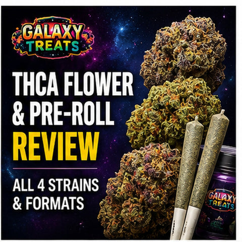Galaxy Treats THCA flower buds and pre-rolls, all 4 strains and formats review