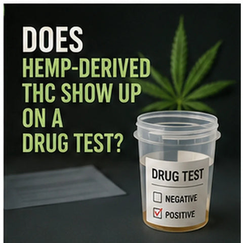 A urine sample cup with a drug test label showing the positive box ticked, beside a cannabis leaf