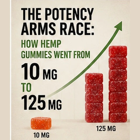 A single 10 mg hemp gummy beside two tall stacks of 125 mg gummies with a rising arrow, showing hemp gummy potency increasing