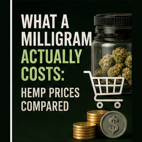 Jar of hemp flower behind a shopping cart and stacks of gold coins, illustrating hemp THC prices compared per milligram