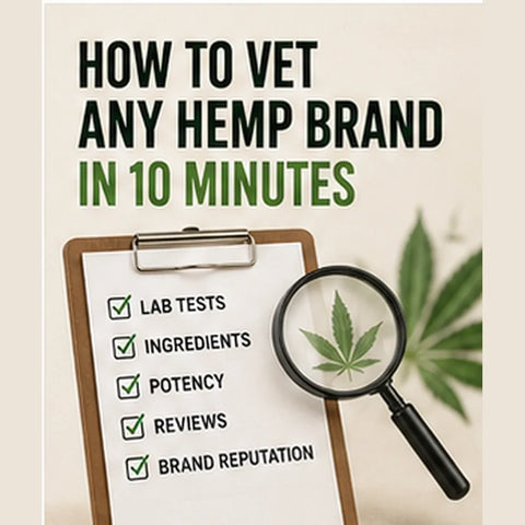 Clipboard checklist reading lab tests, ingredients, potency, reviews and brand reputation, with a magnifying glass held over a hemp leaf