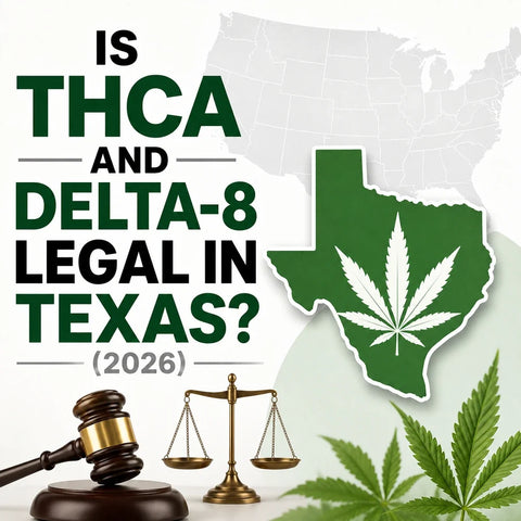 Title graphic for a 2026 guide to Texas hemp law, covering the delta-8 ban, THCA flower and hemp delta-9 edibles