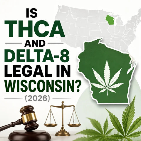 Title graphic for a 2026 guide to Wisconsin hemp law, covering delta-8, THCA flower and hemp delta-9 edibles