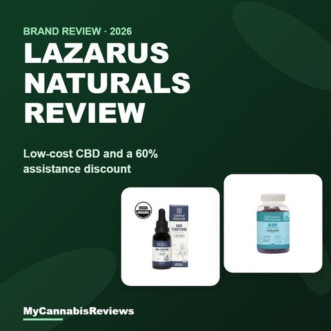 Lazarus Naturals review cover showing the organic full-spectrum CBD tincture and CBD+CBN sleep gummies