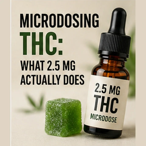 A small green cannabis gummy beside an amber dropper bottle labelled 2.5 mg THC microdose