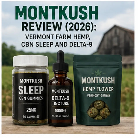 MONTKUSH review cover showing MONTKUSH Sleep CBN gummies, a delta-9 tincture and a hemp flower pouch