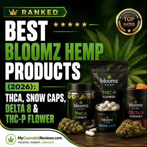 Best Bloomz Hemp Products (2026): THCA, Snow Caps, Delta 8 & THC-P Flower — My Cannabis Reviews cover graphic showing the brand’s product lineup