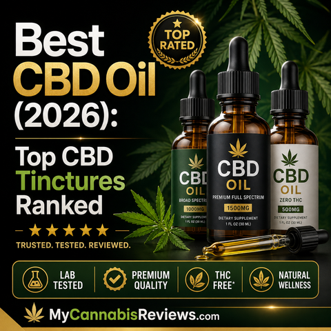Best CBD Oil (2026): Top CBD Tinctures Ranked — My Cannabis Reviews cover graphic showing CBD tincture dropper bottles