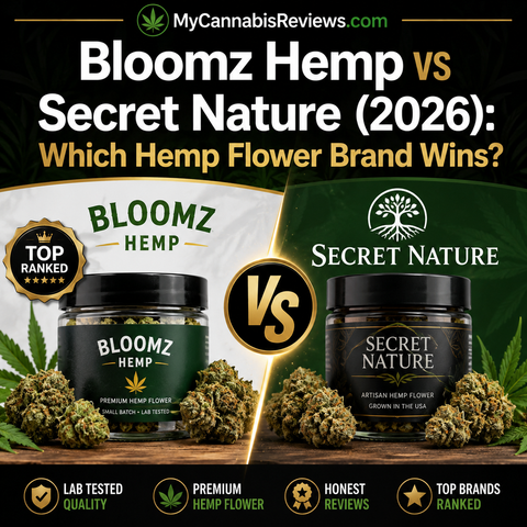 Bloomz Hemp vs Secret Nature (2026): Which Hemp Flower Brand Wins? — My Cannabis Reviews cover graphic showing products from both brands side by side