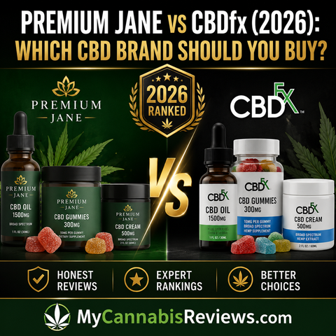 Premium Jane vs CBDfx (2026): Which CBD Brand Should You Buy? — My Cannabis Reviews cover graphic showing products from both brands side by side