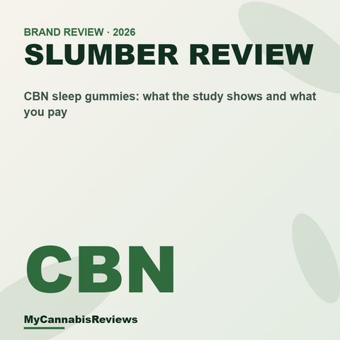 Slumber review cover reading Slumber Review, CBN sleep gummies