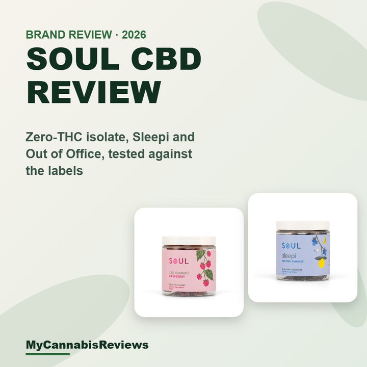 Soul CBD review cover with jars of Soul CBD gummies and Sleepi gummies