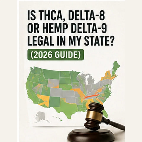 Colour-coded map of the United States beside a wooden judge's gavel, illustrating state-by-state THCA, delta-8 and hemp delta-9 laws in 2026