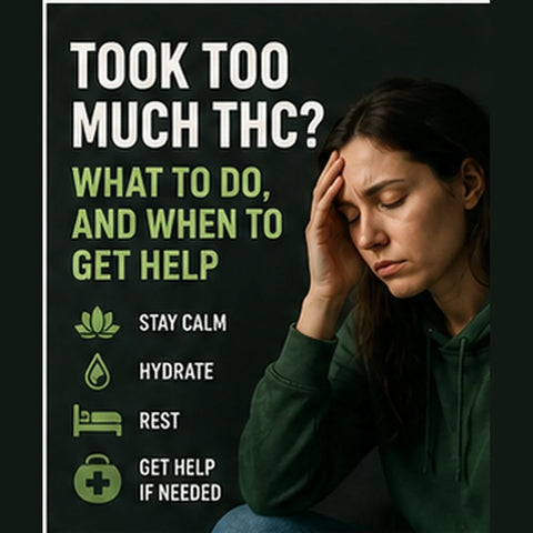 A person sitting with their head in one hand beside icons for stay calm, hydrate, rest and get help if needed
