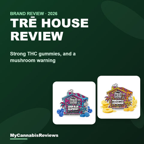 TRĒ House review cover showing Sour Blue Raspberry and Pineapple Lemonade delta 9 gummy pouches