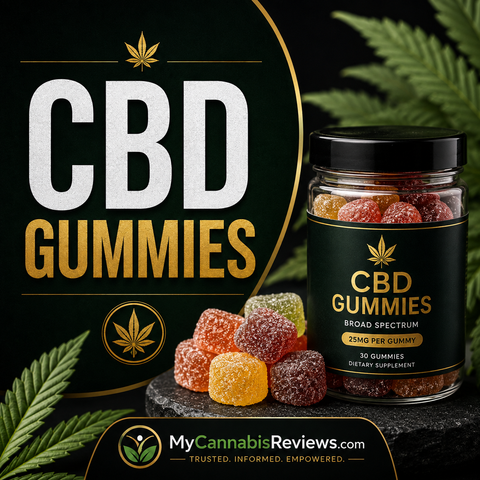 CBD gummies banner with jars of broad spectrum CBD gummies and loose colorful gummies