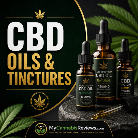 CBD oils and tinctures banner with amber dropper bottles of full spectrum CBD oil