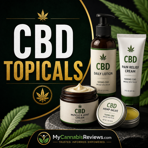 CBD topicals banner with CBD daily lotion, muscle and joint cream and hemp salve