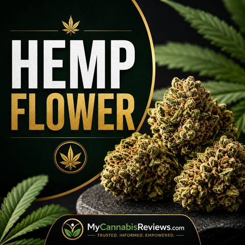 Hemp flower banner with a close-up of dense green hemp buds
