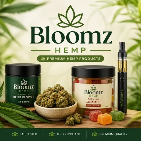 Bloomz Hemp banner with jars of premium hemp flower and hemp gummies