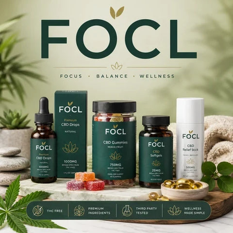 FOCL banner with CBD drops, gummies, softgels and a CBD relief stick
