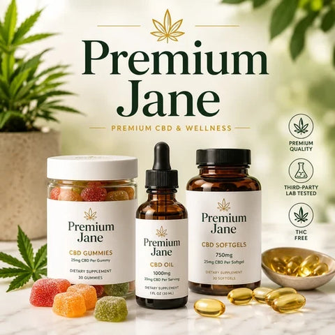 Premium Jane banner with CBD gummies, a CBD oil dropper bottle and CBD softgels