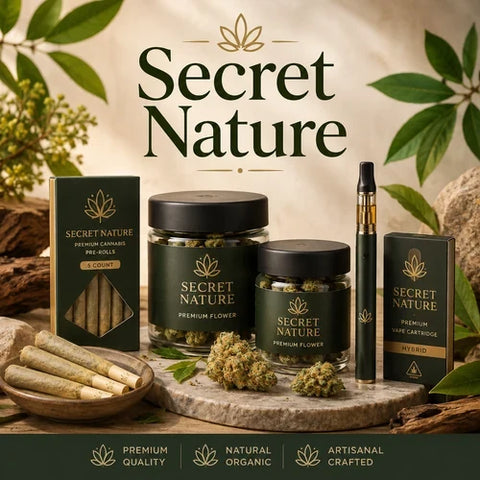 Secret Nature banner with premium hemp flower jars, pre-roll packs and a vape cartridge