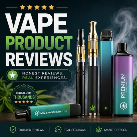 Vape product reviews banner with cartridges, pod devices and disposable vapes
